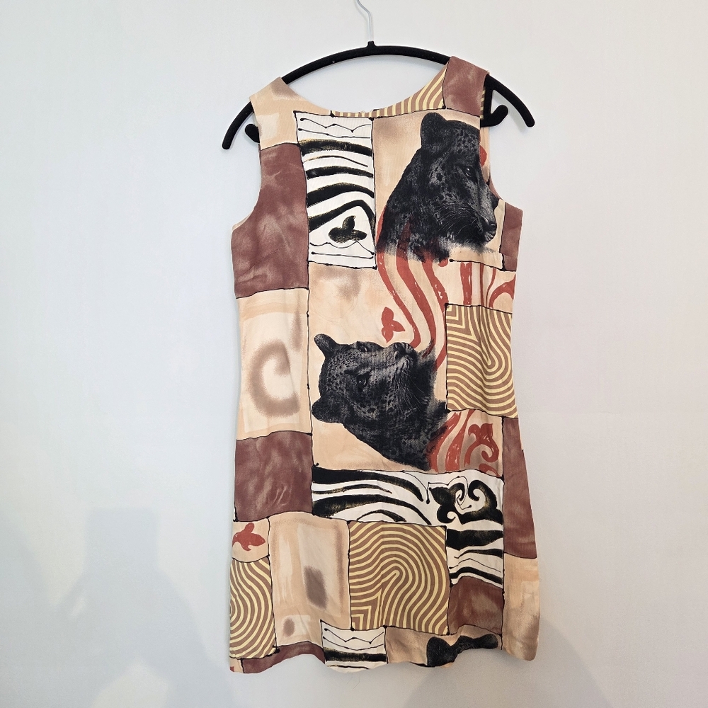 Vintage 90s Mini Dress With Abstract Print And Jaguars Size 12